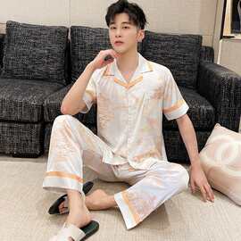 新款冰丝睡衣男夏季冰雪丝短袖薄款套装可外穿宽松大码家居服批发