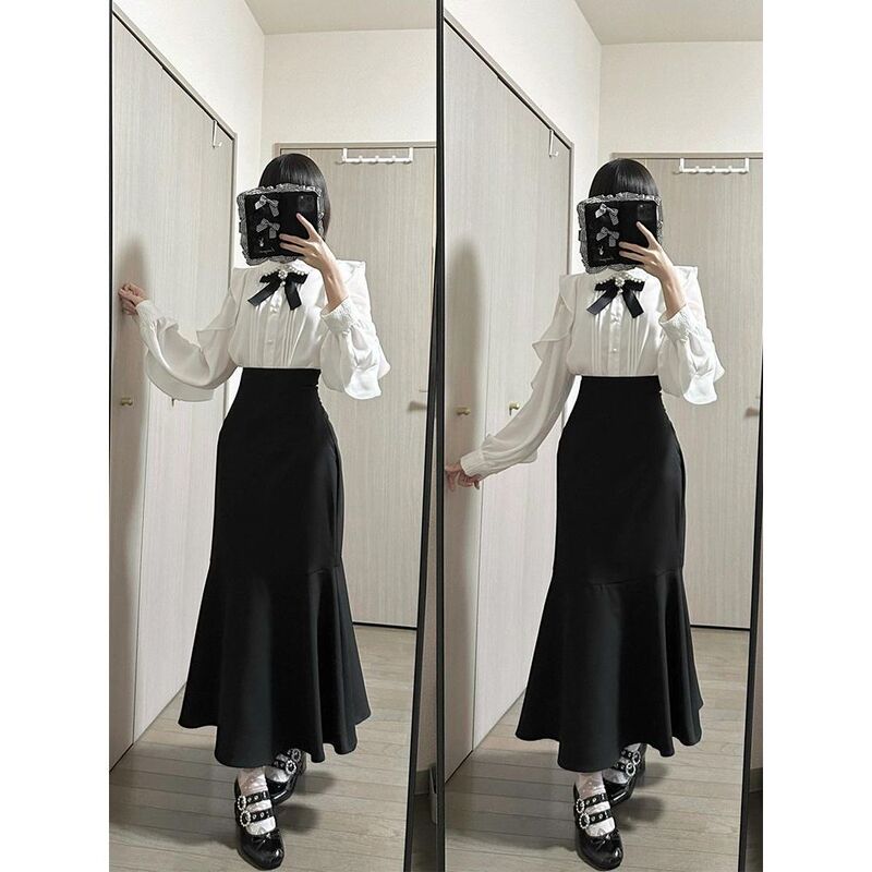 In-Stock Cute Japanese-Style Shirt with Pearl Collar, Black A-Line Fishtail Skirt Set for Women In-Stock Cute Japanese-Style Shirt with Pearl Collar, Black A-Line Fishtail Skirt Set for Women