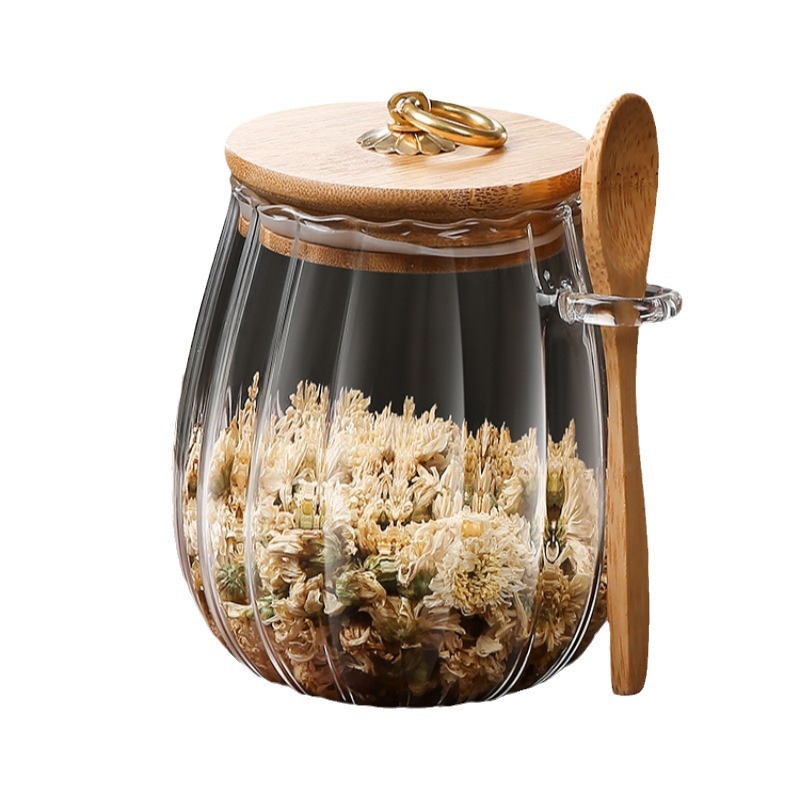 Tapa de bambú al por mayor de fábrica con anillo de metal, patrón vertical, tanque de té de vidrio con alto borosilicato, tanque de almacenamiento de cuchara de madera