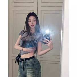 辣妹性感网纱透视短袖圆领恤罩衫女夏季新款美式印花短款小上衣