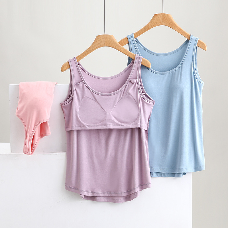 Summer Solid Color Cotton Women's Vest with Chest Pad Bra-free Loose plus size Home Clothes Sling Pajamas Top Thin