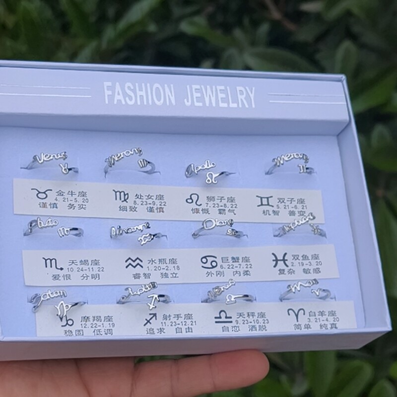 Wholesale 2 Yuan Store 12 Zodiac Sign Rings Adjustable Open Rings for Best Friends and Couples Twelve Zodiac Signs Zircon Rings