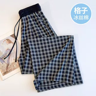 复古冰丝格子阔腿裤女夏季薄款2026新款慵懒风休闲裤九分直通裤子