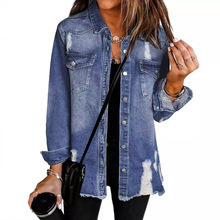 跨境亚马逊新款欧美外贸牛仔外套翻领破洞时尚宽松休闲水洗衬衫女