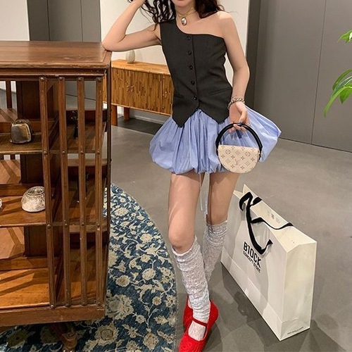 Summer Pure Desire Sweet Korean Style Shoulder-Focused Minimalist High-End Gray and Green Tone Off-the-Shoulder Stylish Suit Vest Set