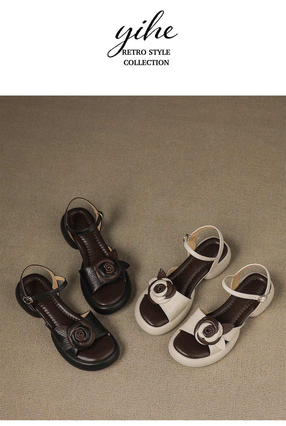 Sandal nữ hở mũi quai ngang đế dày họa tiết hoa sơn trà — đen chi tiết 14