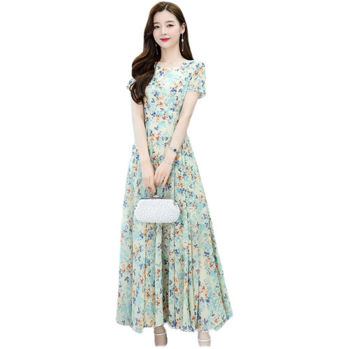 Improved model, please look at the real thing before placing an order. Fashion round collar all-match short-sleeved dress, Women's New Year's summer new style