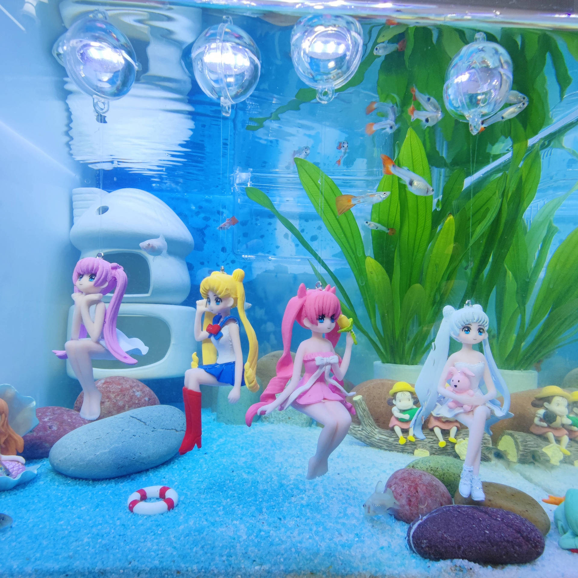 懸浮坐姿美少女懸浮魚缸造景魚缸裝飾水族用品漂浮掛件美少女擺件