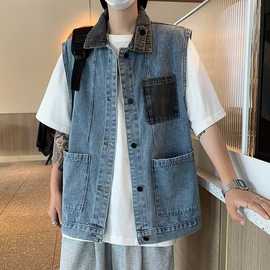 牛仔马甲男生秋季潮牌ins港风宽松口袋拼接坎肩背心拼色无袖外套