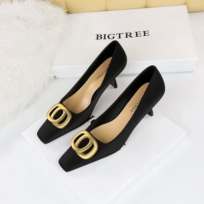 6183-K26 Korean Versatile Professional OL Women&apos;s Shoes Wine Cup Heel High Heel Shallow Mouth Square Head Belt Buck