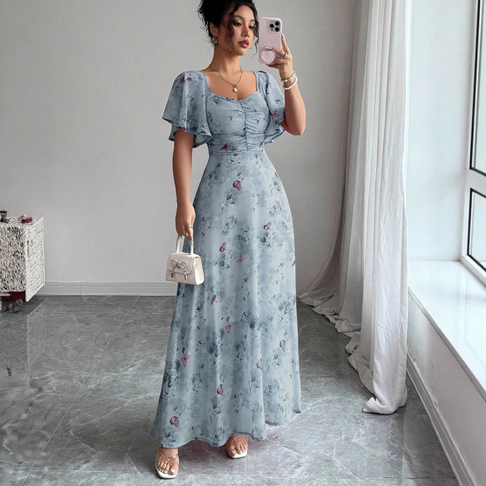 2025 New Summer Style European and American Amazon Cross-Border Foreign Trade Lotus Leaf Sleeve Printed Slim and Elegant Dress Is Now Available