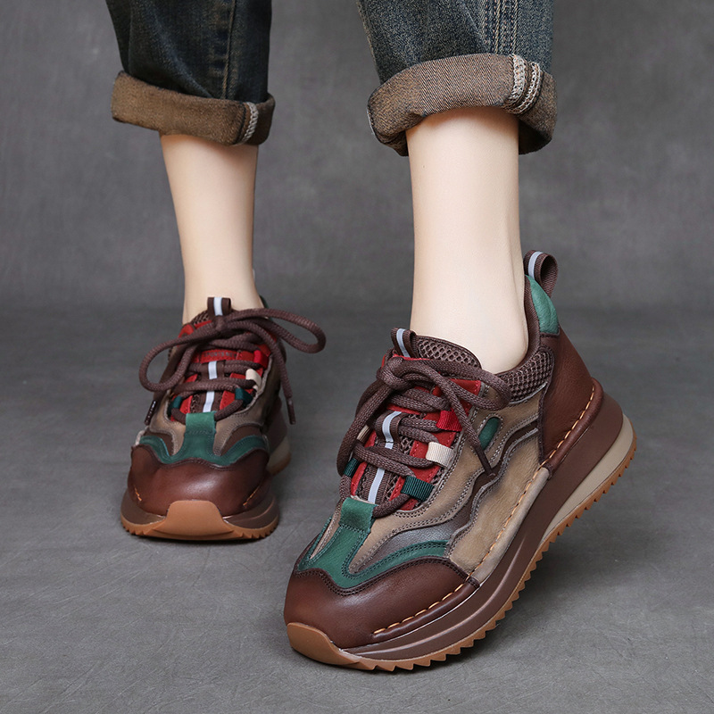 First-Layer Cowhide Color-Blocked Sports Casual Shoes for Women, New Autumn and Winter Style, Wedge Heel, Comfortable Soft Sole, Genuine Leather Lace-Up Retro Shoes
