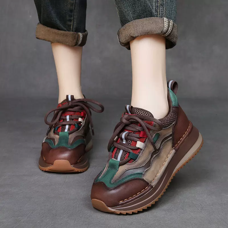 头层牛皮拼色运动休闲鞋女秋冬新款坡跟老爹鞋舒适软底女鞋
