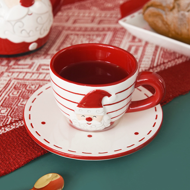 Papá Noel de cerámica taza de café plato conjunto de regalo creativo tetera en relieve de taza de té plato de té