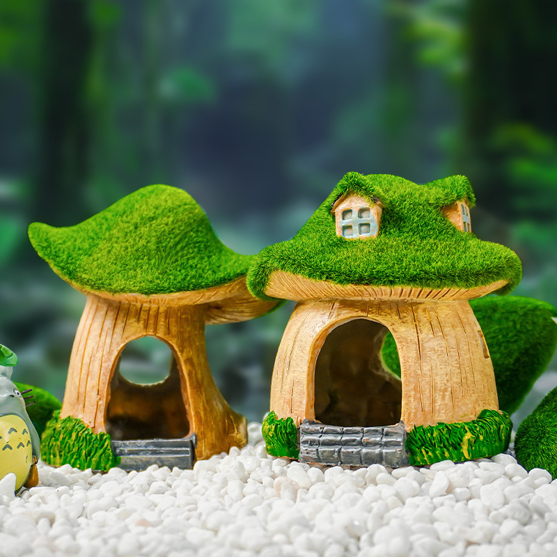 Artesanía de resina peces y camarones escondite casa pecera paisaje decoración musgo seta casa escondite piezas de la casa decoración del acuario