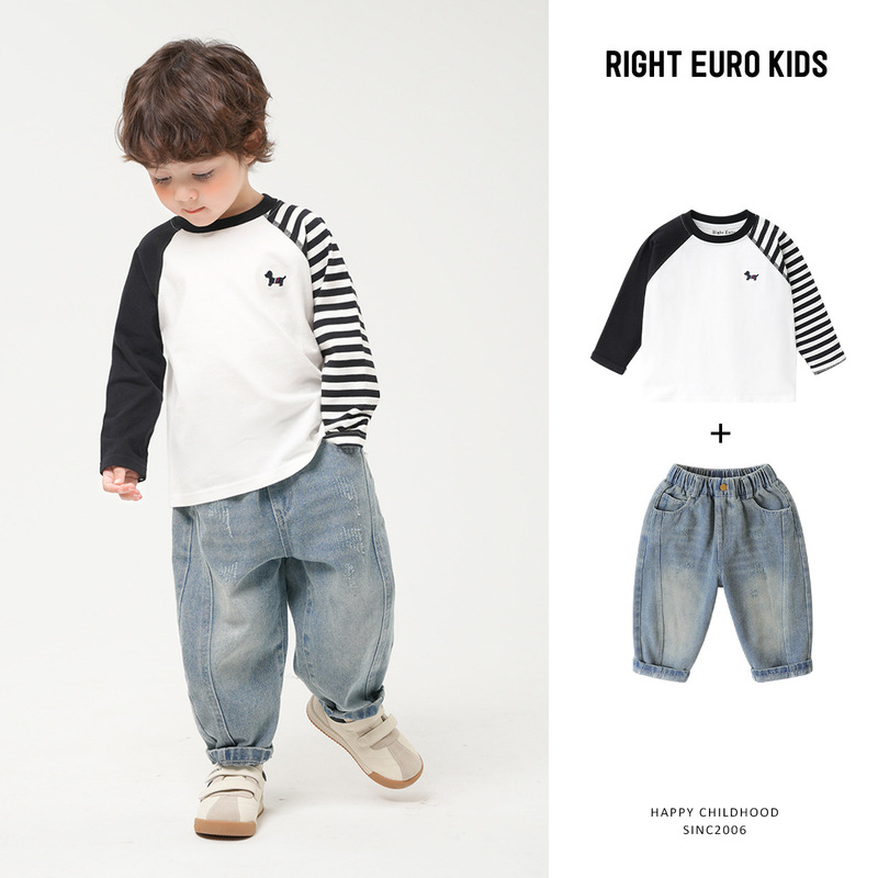 Boys' Long-Sleeved T-Shirt and Jeans Set 2026 New Children's Clothing Baby Spring Outfit Base Shirt Spring and Autumn Style