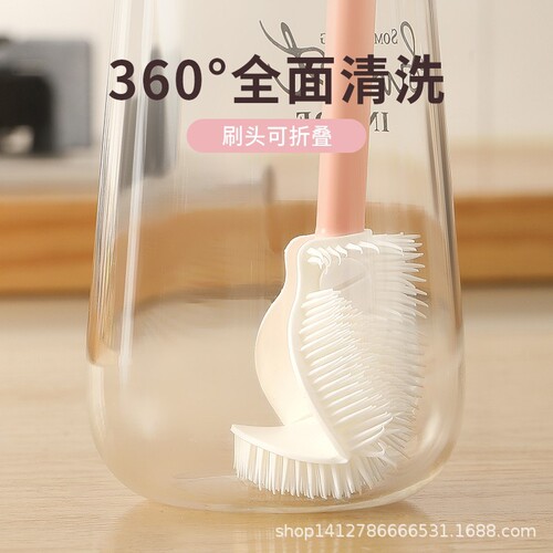 Silicone bottle brush for household, long-handled bottle cleaner with foldable brush head, multi-functional milk bottle cleaning tool