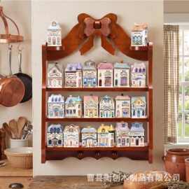 镂空木质搁板三层实木展示架带底部挂钩复古农舍风格壁挂收纳架