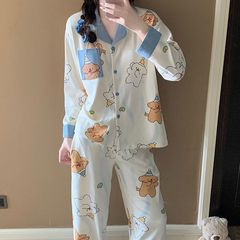 卡通可爱春秋季新款少女睡衣长袖翻领开衫棉质大学生可外穿家居服