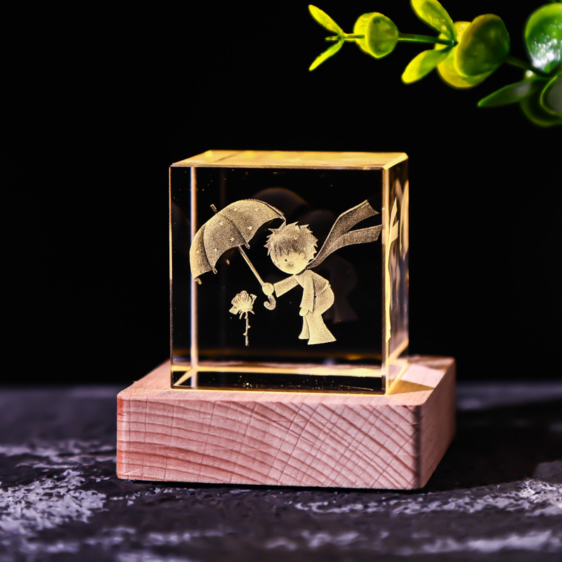 Cubo de cristal decoración interruptor de luz cálida base de madera talla interior Luna Sistema Solar Galaxy decoración de escritorio regalo de niña