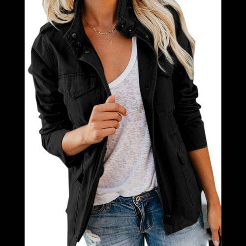 Cross-border foreign spring and autumn slim and fashionable trendy people solid color loose zipper multi-pocket jacket women's jacket W156