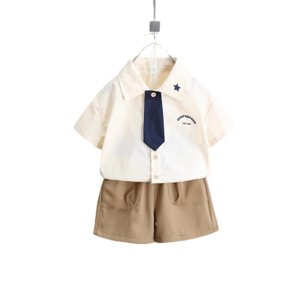8173 Traje de camisa para niños Verano para niños Manga corta 2025 Nuevo estilo estilo universitario Ropa de verano delgada para bebés