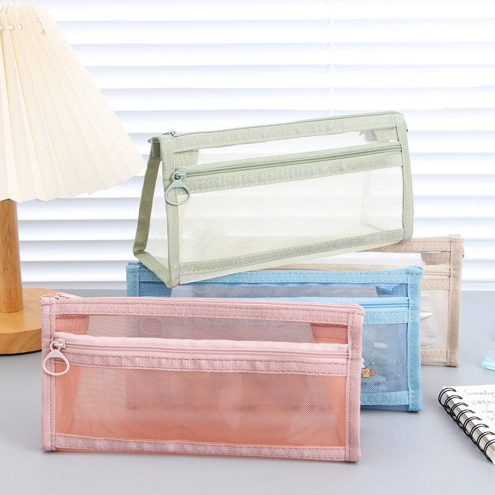 Bolsa de lápiz de malla transparente de doble capa de gran capacidad bolsas de papelería de alto valor facial examen de estudiantes bolsas de lápiz tridimensionales al por mayor