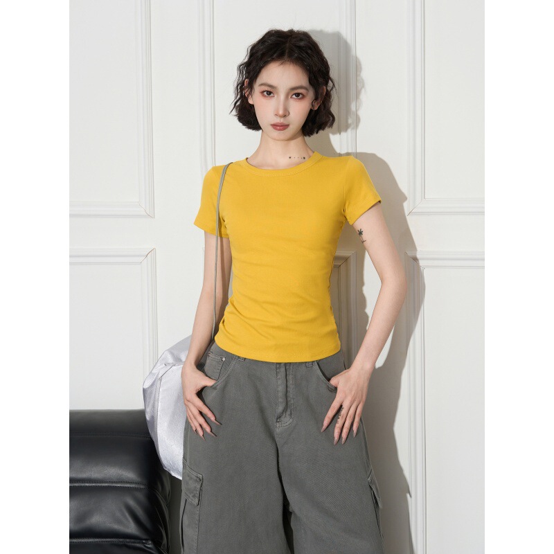 American-Style Yellow Round-Neck Short-Sleeve T-Shirt for Women, Summer Slim-Fit Short Tight-Fitting 2026 New Pure Cotton Top American-Style Yellow Round-Neck Short-Sleeve T-Shirt for Women, Summer Slim-Fit Short Tight-Fitting 2026 New Pure Cotton Top