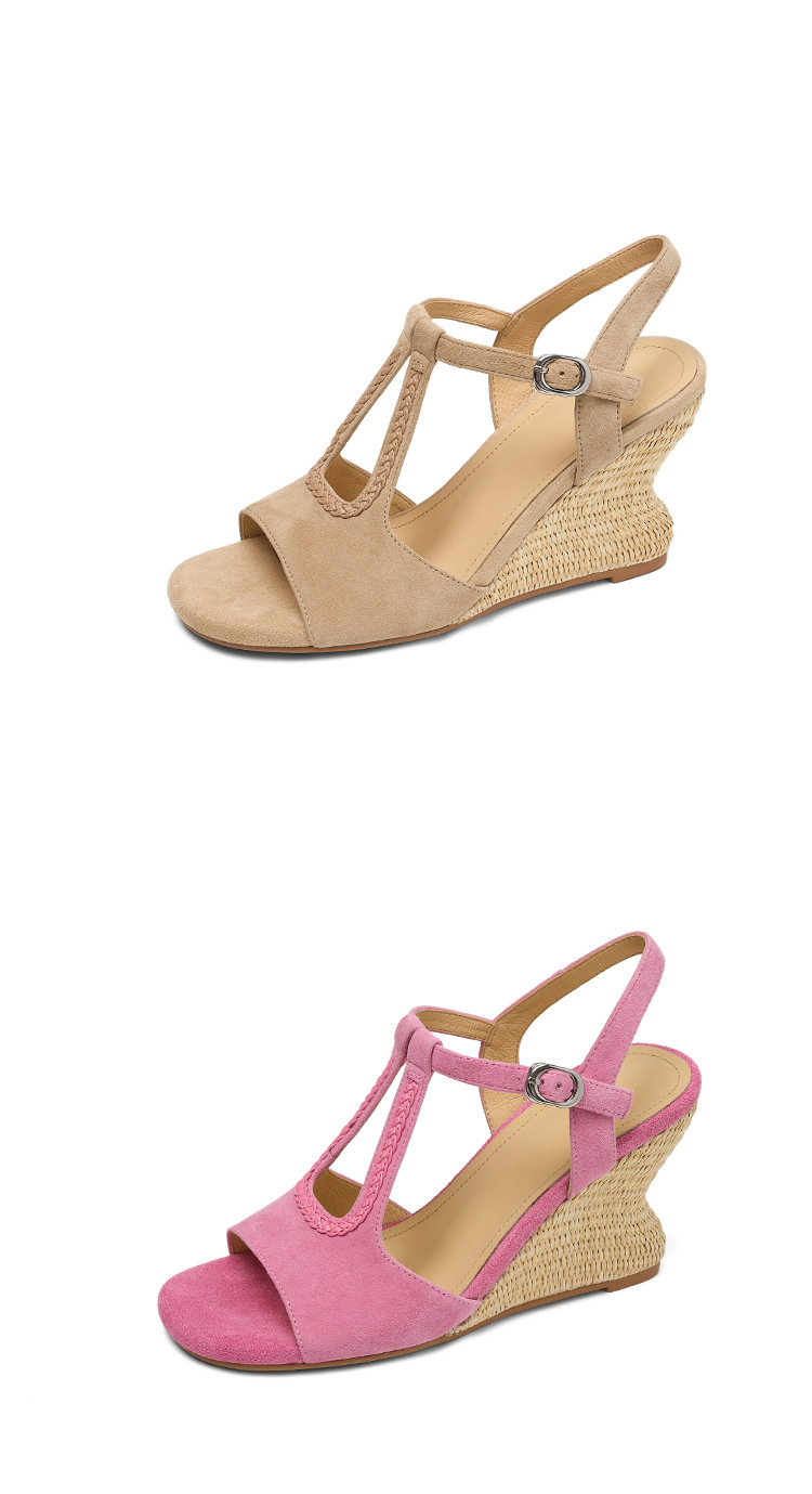 Sandal cao gót nữ hở mũi đế xuồng đan rơm, quai chữ T da lộn — Hồng, màu mơ chi tiết 17