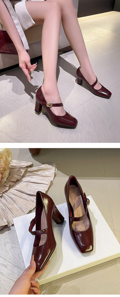 Giày cao gót nữ mũi vuông quai ngang khóa cài gót dày 6–8 cm — Màu trắng nhạt, rượu vang đỏ, đen chi tiết 10