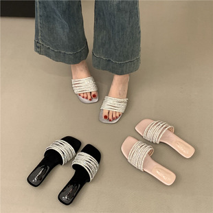 French Rhinestone Slippers, Fairy Shoes, Summer Outer Wear, Beach Wear with Skirt, Silver Sandals, Beach Sandals for Women