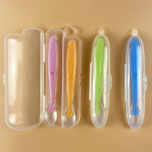 Baby silicone spoon with storage box full silicone training spoon baby feeding soft spoon children feeding tableware