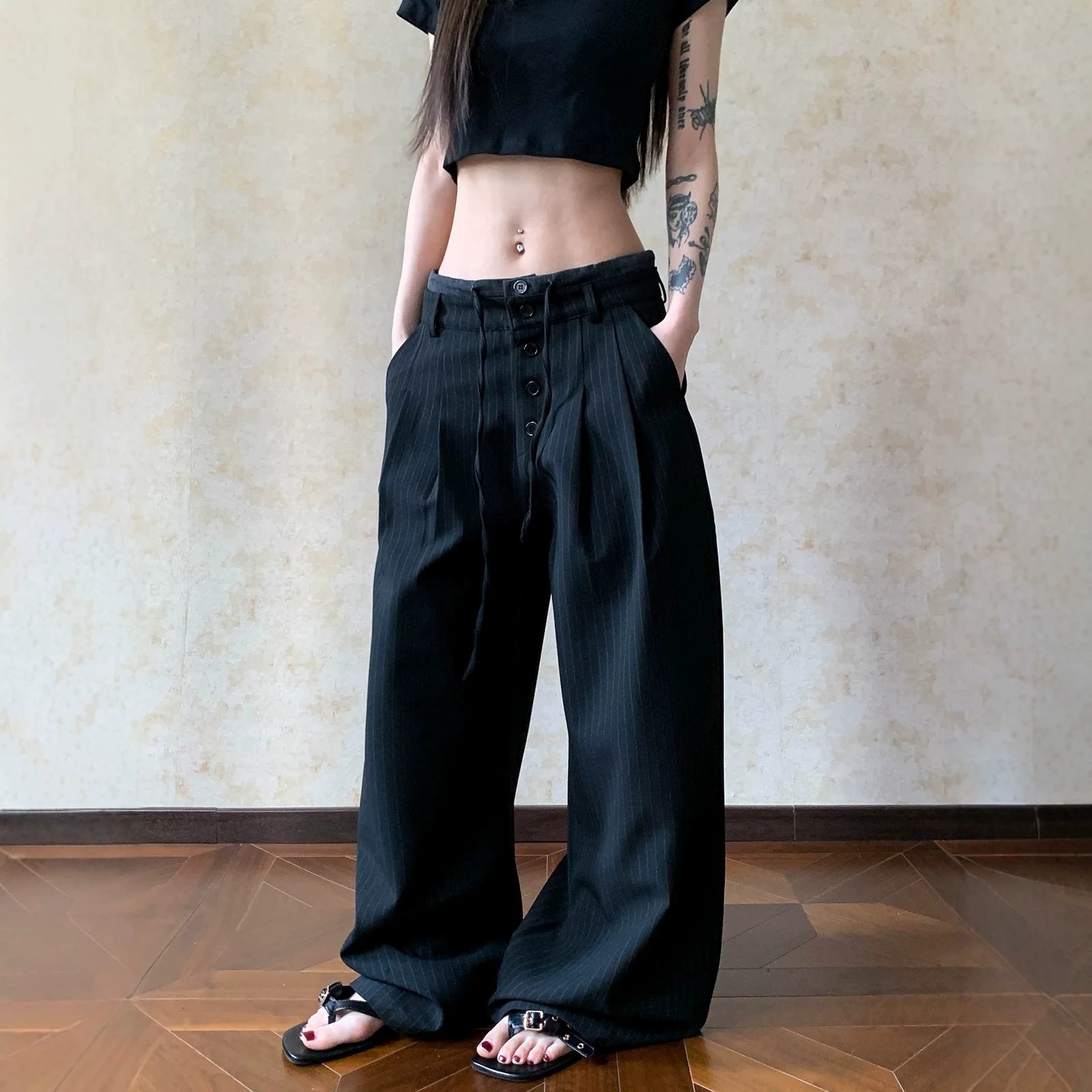 美式复古高级感双腰头条纹休闲西裤男女垂感宽松显瘦抽绳拖地裤子