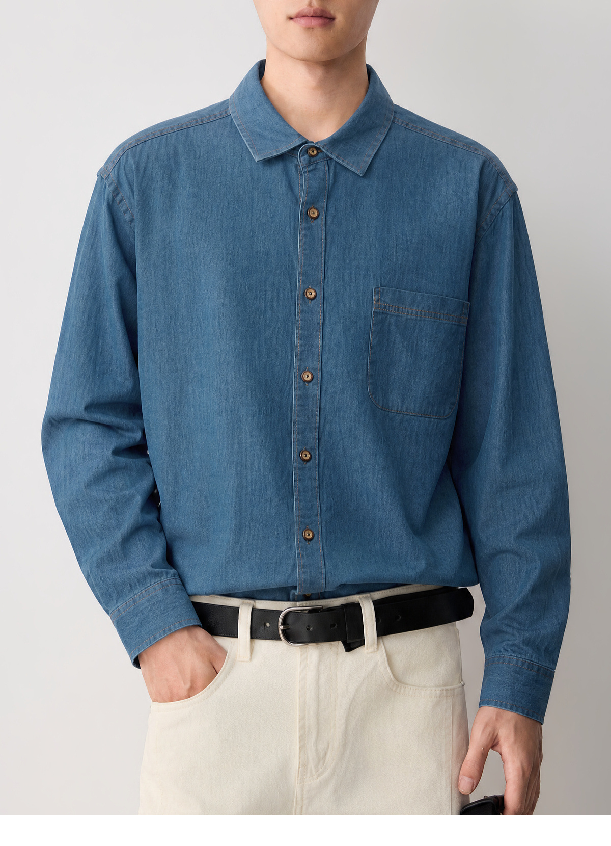 Áo sơ mi denim nam phong cách công sở, chất liệu cotton thoáng mát — màu xanh nhạt chi tiết 28
