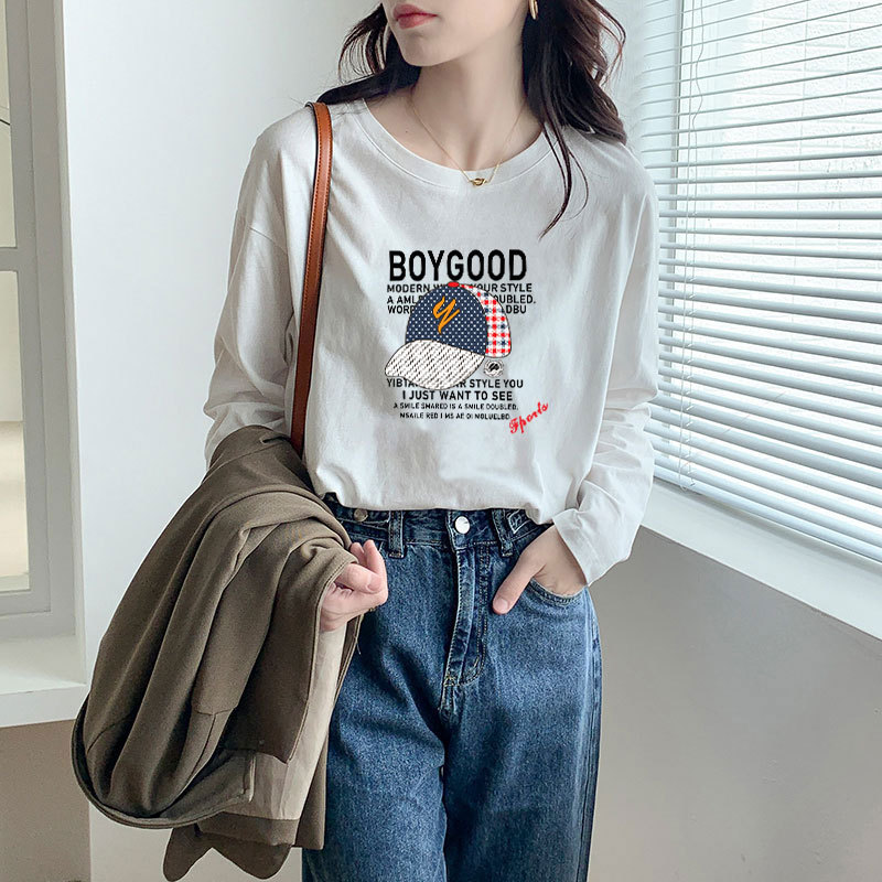 White Long-Sleeved T-Shirt for Women Ins Trendy Niche Design Autumn and Winter Fashionable Foreign Style Pure Cotton Loose Thin Bottoming Round Neck
