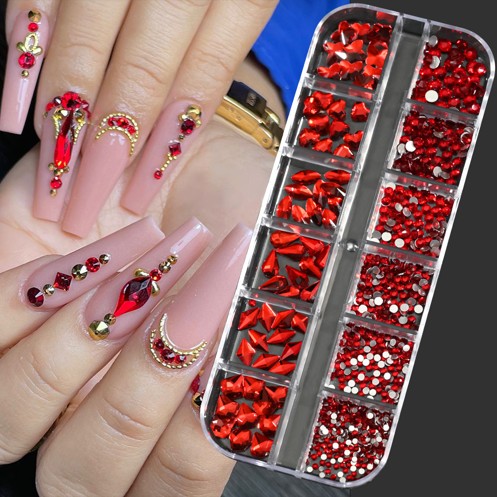 Amazon's Popular 12-Grid Glass Rhinestone Nail Art Decorations, Pointed-Bottom Irregular-Shaped Rhinestones Mixed with Flat-Bottom Rhinestones, Nail Art Accessories