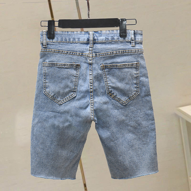 欧货2020夏季新款百搭松紧高腰乞丐破洞撞色牛仔短裤女宽松五分裤