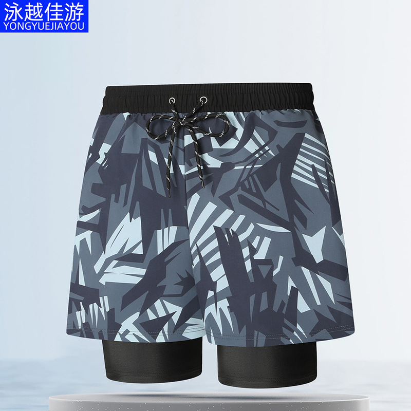 Sck0332 Men's Double-Layer Swimming Trunks, Swimming and Running Sports Pants Wholesale, Swimming Cap, Hot Springs, Beach