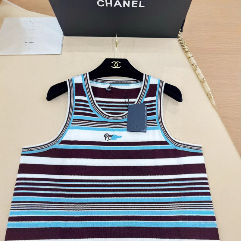 Prada High-Quality Round-Neck Color-Block Striped Cotton Logo Short-Sleeve Knitwear Factory