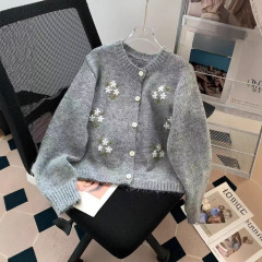 韩系春秋新款2025手工钩花韩系针织衫宽松优雅洋气优质毛衣女外套