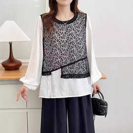 300斤超大码女装胖mm假两件小衫早秋春季新款蕾丝拼接长袖衬衫潮