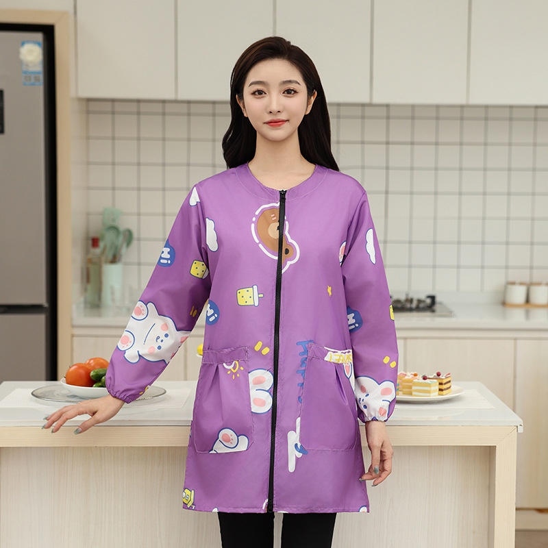 Smock Women's New Cartoon Waterproof, Oil-Proof and Anti-Fouling Round Neck Long-Sleeved Thin Spring, Summer, Autumn and Winter Outwear Work Clothes Apron