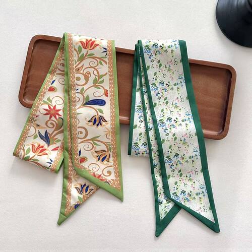French retro green silk scarf with high fashion hair tie, hair bundle, flowing ribbon, elegant and versatile, matches with shirts and tie decorations