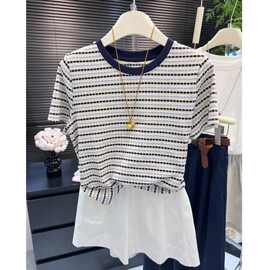 2026新款撞色条纹正肩圆领短袖t恤女装时尚百搭洋气显瘦上衣夏季