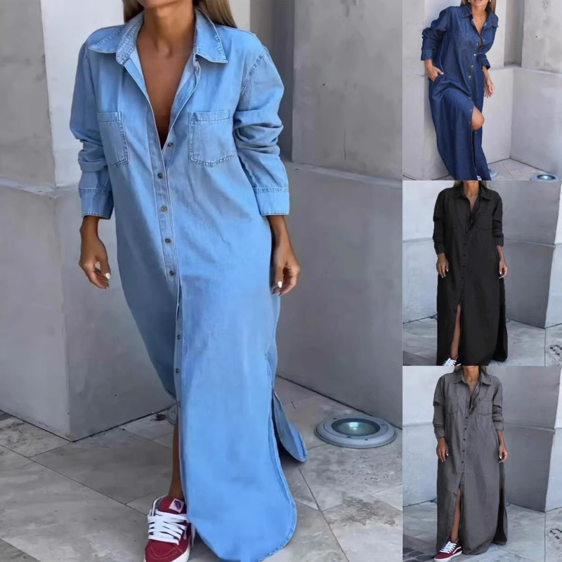 Long-Sleeved Denim Dress 2026 Spring New Style European and American Cross-Border Lapel Cardigan Ultra-Long Women's Clothing