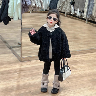 Korean Style Girls' Coat 2024 Autumn and Winter Black Chanel Style Lamb Wool Single-Breasted fleece-lined Thickened Warm Coat