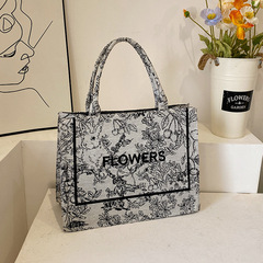 歐美復古手提帆布包包女2024新款時尚印花單肩包大容量腋下托特包