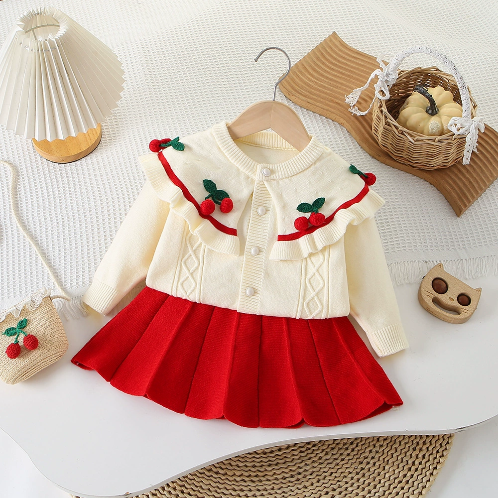 Children's three dimensional sweater, knitted girl's skirt, long-sleeve, set