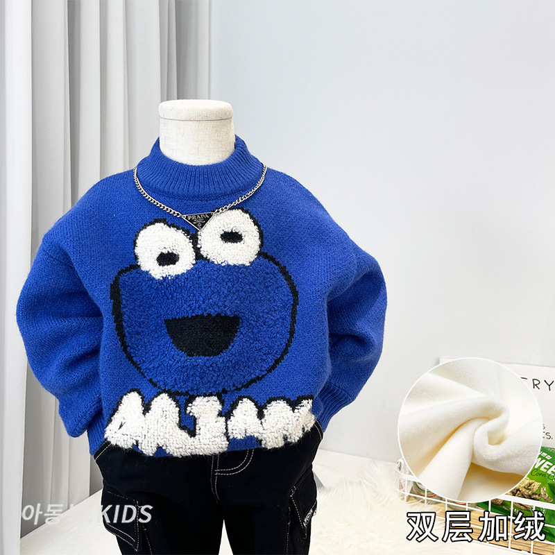 Boys' winter fleece-lined sweater, 2026 cross-border new style, children's cartoon thickened knitted sweater, baby warm wool sweater