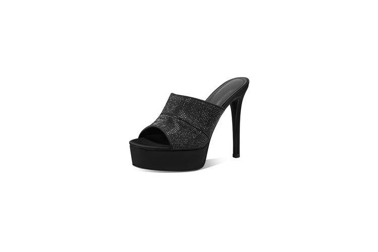 Sandal cao gót nữ quai một dây đính đá, gót nhọn 9 cm, đế platform — đen chi tiết 3